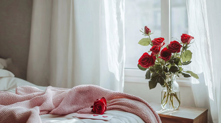 Minimalistic Bedroom Decor with Pastel Pink Throw, Red Roses, and Sunlit Ambiance. Concept of Cozy Interiors, Floral Arrangements, Tranquility, and Soft Aesthetic.. Valentine's Day.の写真素材