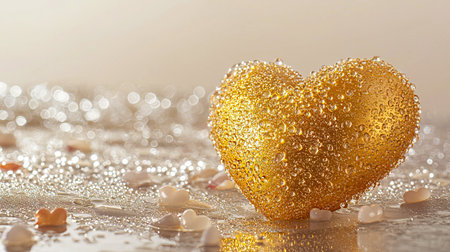 Shimmering Golden Heart Covered in Dewdrops on Glittering Surface, Symbolizing Romance, Elegance, Luxury, and Celebration. Valentine's Day. Copy space.の写真素材