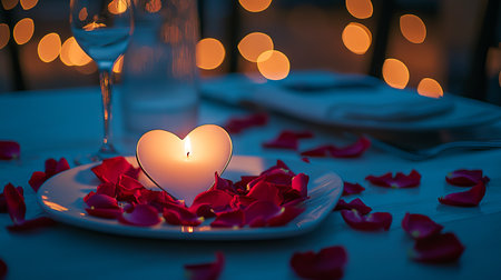 Romantic Candlelit Dinner Setting with Heart-Shaped Light Surrounded by Rose Petals. Concept of Love, Intimacy, Romantic Ambiance, and Special Occasions. Valentine's Day.の写真素材