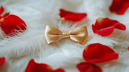 Golden Bow Tie on Soft White Feathers Surrounded by Red Rose Petals. Concept of Elegance, Romance,...