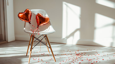 Heart-Shaped Balloons Tied to a Modern Chair in Sunlit Room. Concept of Love, Celebration, Romance, and Modern Decor.. Valentine's Day. Copy space.の写真素材