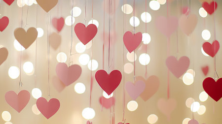 Close-Up of Pink and Red Paper Hearts Hanging with Glowing Lights in the Background. Concept of...
