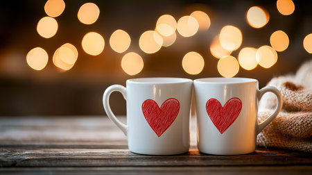 Cozy Scene with Two White Ceramic Coffee Mugs Featuring Red Hearts on a Wooden Table. Concept of Romance, Warmth, Comfort, and Cozy Winter Evenings. Valentine's Day. Copy space.の写真素材
