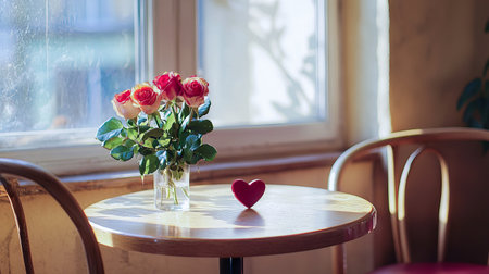 Cozy Corner Cafe Table with Roses and Heart Decor by Sunlit Window Concept of Romantic Ambiance, Intimate Dining, and Floral Decoration in a Contemporary Setting. Valentine's Day.の写真素材