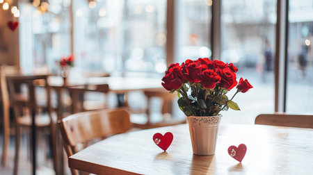 Cozy Cafe with Elegant Red Rose Bouquet on Table Concept of Romantic Ambiance, Relaxation, Cozy...