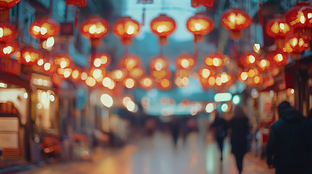 Couple Walking Under Glowing Lanterns on Charming Street Scene. Concept of Romance, Evening Stroll, Vibrant Lights, Urban Exploration.の写真素材