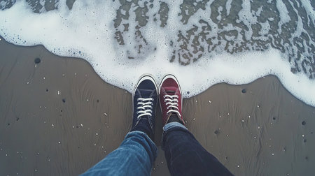 Couple's Sneakers Gently Touching on a Sandy Beach, Concept of Romantic Getaway, Ocean Waves, and Leisure Strolls by the Shore. Valentine's Day.の写真素材