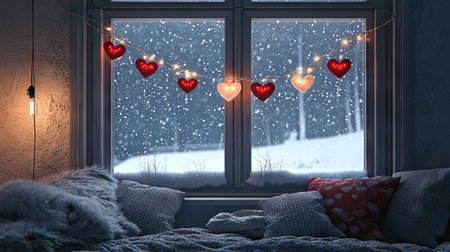 Cozy Winter Room with Heart Garland and Snowy Window Scene in a Warm, Inviting Atmosphere. Valentine's Day.の写真素材