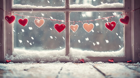 Heart Garland in Snowy Window Scene Capturing Winter Warmth and Cozy Atmosphere, Symbolizing Love and Seasonal Beauty. Valentine's Day.の写真素材