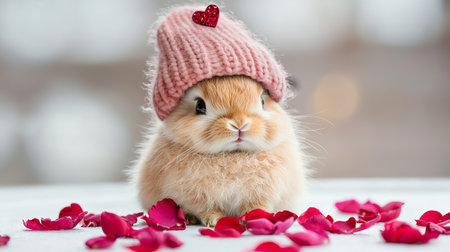 Adorable Fluffy Bunny with Valentine Hat Surrounded by Red Petals Cozy Winter Scene Concept of Cute Winter Fashion Festive Love. Valentine's Day.の写真素材