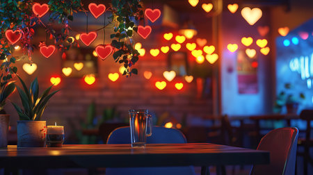 Cozy Cafe Ambiance with Heart-Shaped Lights and Plants Concept of Romantic Evening, Warm Atmosphere, and Relaxing Moments. Valentine's Day.の写真素材