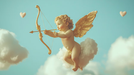 Cherubic Angel with Golden Bow Soaring in the Clouds, Art Depicting Innocence, Love, and Dreamlike...