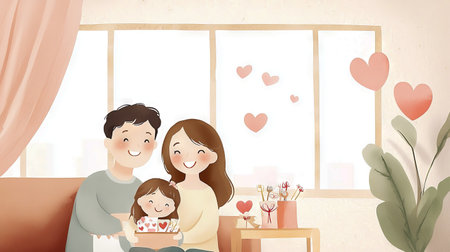 Happy Family Bonding Over Crafts on Valentine's Day-Illustration of Smiling Parents and Daughter Creating Heart Decorations, Celebrating Love and Togetherness. Valentine's Day.の写真素材
