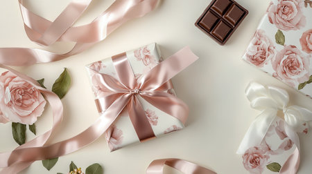 Elegant Gift Wrapping with Satin Ribbons and Floral Paper Decorated with Chocolate and Greenery, Top View. Concept of Present Packaging, Holiday Preparation, and Crafting Art. Valentine's Day.の写真素材