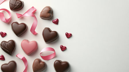 Heart-Shaped Chocolate Boxes with Pink Ribbons and Red Hearts on a Light Background, Concept of Romance, Valentine's Day, Love and Sweet Treats. Valentine's Day. Copy space.の写真素材