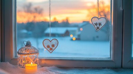 Cozy Winter Scene with Candlelight and Heart Decorations on Frosted Window at Sunset, Concept of Warmth, Romance, Seasonal Tranquility, and Home Comforts. Valentine's Day.の写真素材