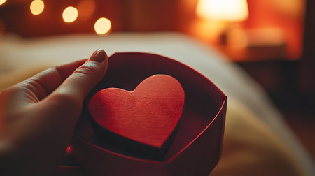 Hand Opening Heart-Shaped Red Gift Box in Cozy Room Setting, Concept of Love, Romance, Surprise, and Giving. Valentine's Day.の写真素材