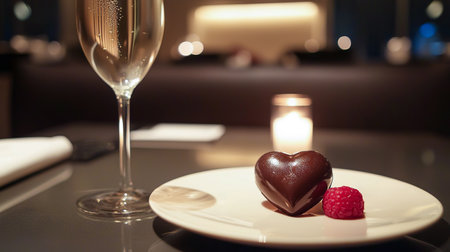 Romantic Dinner Setting with Heart-Shaped Chocolate Dessert, Champagne, and Candlelight. Concept of Romantic Evenings, Fine Dining, Love, and Celebration.. Valentine's Day.の写真素材