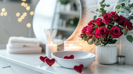 Cozy Bathroom with Heart-Shaped Decor and Red Roses in a Vase, Featuring Large Mirror and Candlelight for Tranquil Ambiance. Valentine's Day.の写真素材