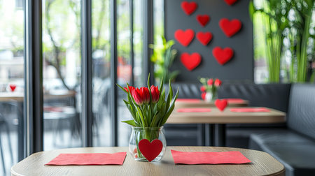 Light-Filled Contemporary Cafe with Heart Decor and Tulip Centerpieces. Concept of Modern Interior Design, Romantic Ambiance, Urban Lifestyle, Relaxing Spaces.. Valentine's Day.の写真素材