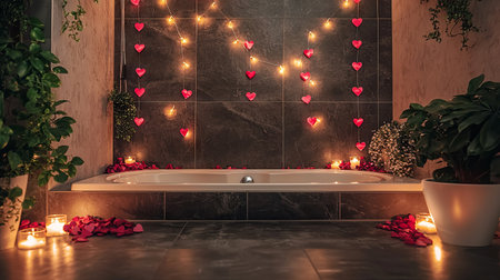 Relaxing Romantic Bathroom Scene with Rose Petals and Candlelight, Concept of Luxury Spa, Tranquility, and Intimate Ambiance. Valentine's Day.の写真素材
