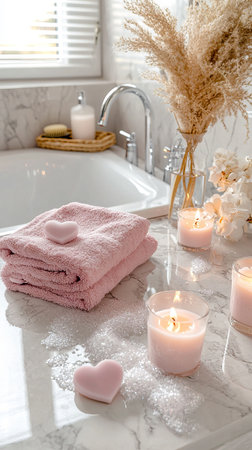 Luxurious Marble Bathroom with Heart-Shaped Soaps and Candles. Concept of Spa Elegance, Relaxation,...