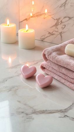 Elegant Bathroom Scene with Lit Candles, Heart-Shaped Soap, and Soft Pink Towels on Marble Floor. Concept of Luxury, Relaxation, Self-Care, Spa Ambiance.. Valentine's Day. Vertical.の写真素材