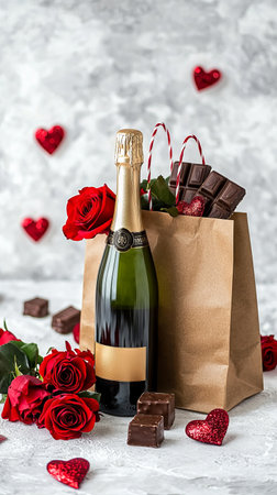 Elegant Brown Gift Bag with Champagne, Dark Chocolate, and Red Roses Spreading Romantic Vibes. Concept of Luxury Gifting, Celebration, Romance, and Indulgence.. Valentine's Day. Vertical.の写真素材