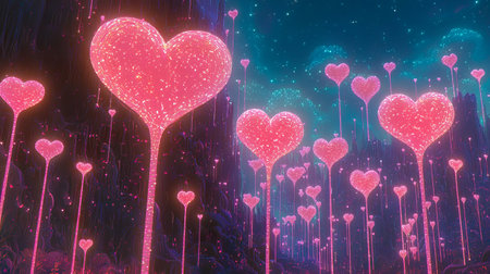 Enchanting Illustration of a Magical Forest with Glowing Pink Heart Shaped Trees Under a Starry Sky....