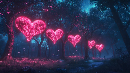 Enchanting Forest with Glowing Pink Heart-Shaped Canopies at Night: Concept of Magic, Romance, Mystery, and Nature in Digital Art. Valentine's Day.の写真素材