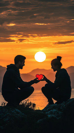 Sunset Romance: Man Giving Heart-Shaped Gift to Woman in Scenic Evening Setting. Concept of Love,...