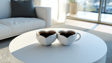 Cozy Minimalist Living Room with Heart-Shaped Coffee Cups on Table. Concept of Modern Home Decor,...