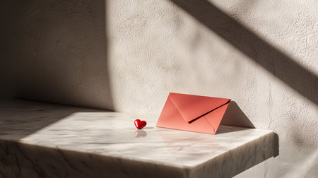 Minimalist Valentine's Day Setup with Handwritten Card and Heart Figurine on Marble Table. Concept of Love, Romance, Simplicity, and Thoughtful Gestures.. Valentine's Day. Copy space.の写真素材