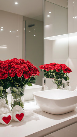 Modern Bathroom with Large Mirror and Red Roses Bouquet. Concept of Interior Design, Elegant Home Decor, Luxurious Bathroom, Romantic Setting in Contemporary Home. Valentine's Day. Vertical.の写真素材