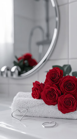 Elegant Modern Bathroom with Red Roses and Large Mirror Concept of Luxurious Home Decor, Aromatherapy, and Relaxation. Valentine's Day. Vertical.の写真素材