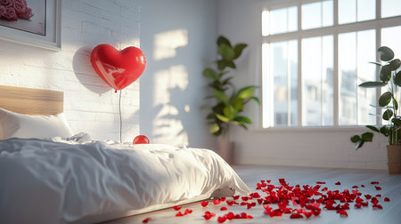 Cozy Bedroom with Heart Balloon and Rose Petals in Sunlight Creating a Romantic Atmosphere. Concept of Love, Romance, Intimate Home Decor, and Serene Retreat.. Valentine's Day.の写真素材