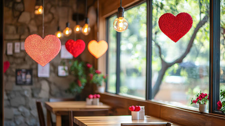 Cozy Coffee Shop with Heart Decorations for Valentine's Day Celebration, Romantic Atmosphere, Warm Lighting, Love-Themed Decor. Valentine's Day.の写真素材