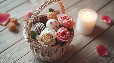 Elegant Gift Basket with Roses and Candles on Wooden Table Concept of Romantic Decor, Special Occasions, Cozy Atmosphere, Floral Arrangements. Valentine's Day.の写真素材