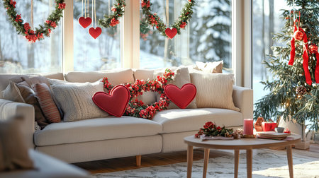 Cozy Modern Living Room with Heart Garlands and Festive Decor in a Winter Wonderland Setting. Concept of Holiday Spirit, Seasonal Warmth, Home Decorating for Christmas, Elegant Festivities. Valentine's Day.の写真素材