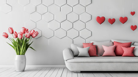Modern Living Room with Pastel Valentine's Day Decor Featuring Pink Tulips and Heart-Shaped Accents. Concept of Cozy Interior Design, Romantic Home Decor, and Contemporary Aesthetics.. Valentine's Day.の写真素材