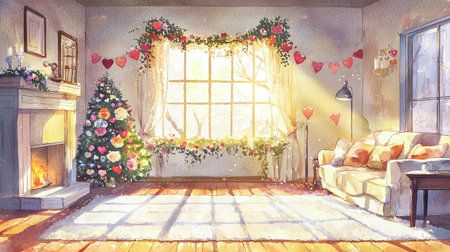 Cozy Holiday Living Room with Heart Garlands and Floral Decor Art. Concept of Festive Winter, Warmth, Interior Comfort, and Seasonal Home Decoration. Valentine's Day.の写真素材