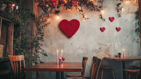 Cozy Romantic Cafe Setting with Heart Decorations and Candlelit Wooden Tables, Perfect for Intimate Evening Dates and Special Celebrations. Valentine's Day.の写真素材