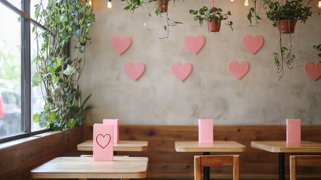 Cozy Modern Cafe with Wooden Furniture and Pink Heart Decor, Concept of Sustainable Design, Romantic Atmosphere, Plant Decor, and Relaxing Social Space. Valentine's Day.の写真素材
