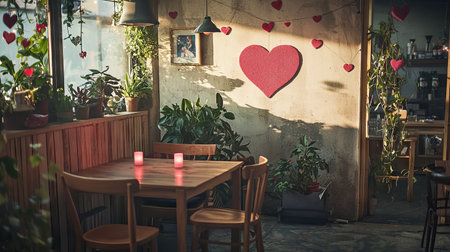 Cozy Sustainable Cafe with Wooden Furniture and Heart Decor, Embracing Eco-Friendly Design and Warm Atmosphere for a Relaxing Urban Retreat. Valentine's Day.の写真素材