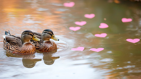 Pair of Ducks Swimming in a Serene Pond with Floating Heart Shapes. Concept of Love, Nature, Tranquility, and Romantic Scenes. Valentine's Day.の写真素材