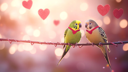 Pair of Lovebirds with Heart Pendants on a Branch Surrounded by Glowing Hearts. Concept of Romance, Love, Affection, and Decorative Birds in Natural Setting. Valentine's Day.の写真素材
