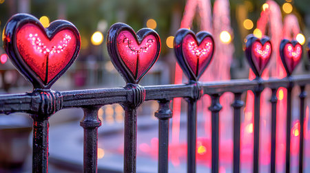 Romantic Heart-Shaped Decorations on a Lively Pedestrian Street Featuring Illuminated Fountains at Night. Concept of Urban Romance, City Nightlife, Decorative Art, Festive Atmosphere. Valentine's Day.の写真素材