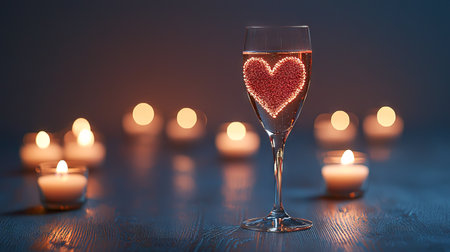 Romantic Atmosphere with a Champagne Glass and Heart-Shaped Decor Surrounded by Candlelight. Concept of Love, Celebration, Intimacy, and Special Occasions. Valentine's Day.の写真素材