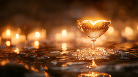Elegant Champagne Glass with Heart-Shaped Decoration Surrounded by Candlelight. Concept of Celebration, Romance, Luxury, and Intimacy in a Warm Setting. Valentine's Day.の写真素材