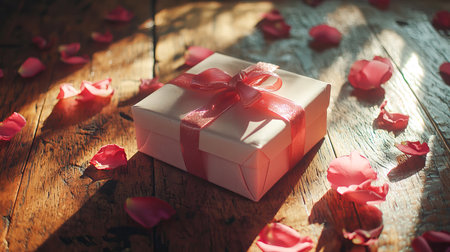 Gift Box Wrapped in Light Pink Paper with Ribbon and Rose Petals on Wooden Floor. Concept of Romantic Celebrations, Thoughtful Gifting, Valentine's Day, Wedding Anniversaries. Valentine's Day.の写真素材